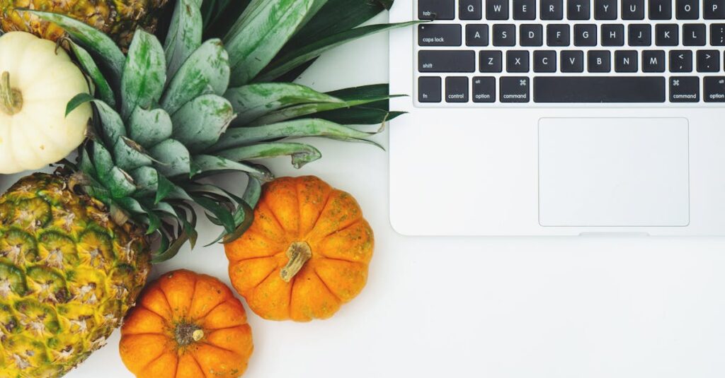 A top view of pineapples, pumpkins, and a laptop on a clean white background.