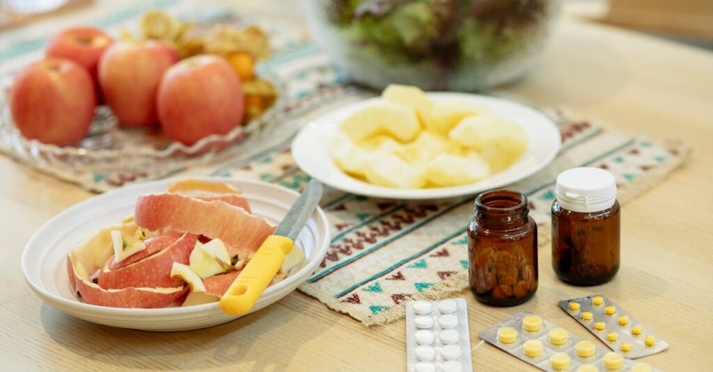 A wholesome scene showcasing apples, salad, and various supplements for a balanced diet.