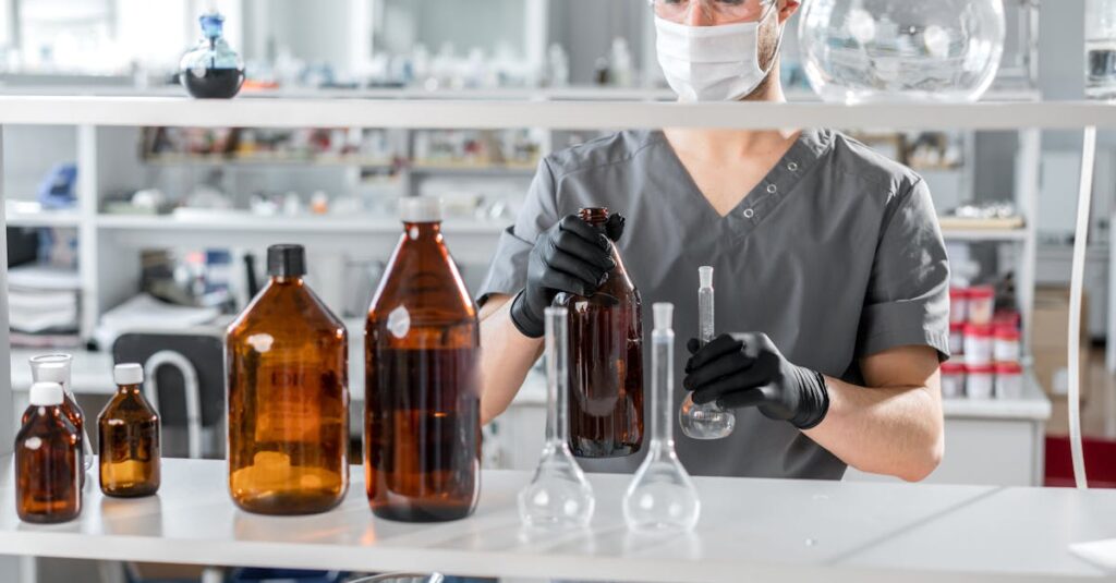 A biochemist wearing safety gear analyzes liquids in a state-of-the-art lab.