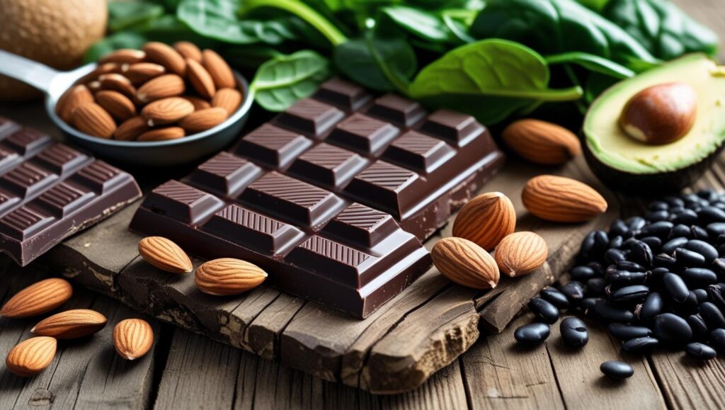 chocolat noir, amandes, avocat