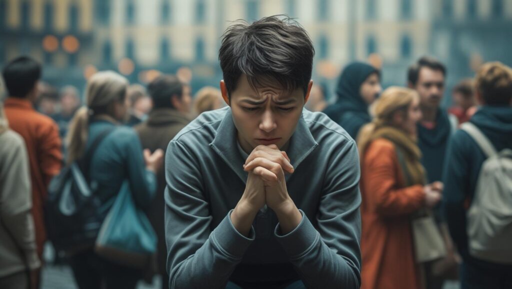 Personne faisant des troubles de l'anxiété, entourée d'autres personnes