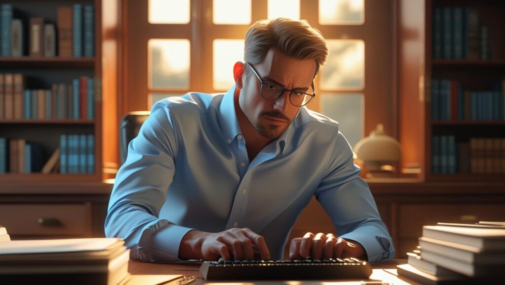 personne concentrée travaillant derrière son bureau.