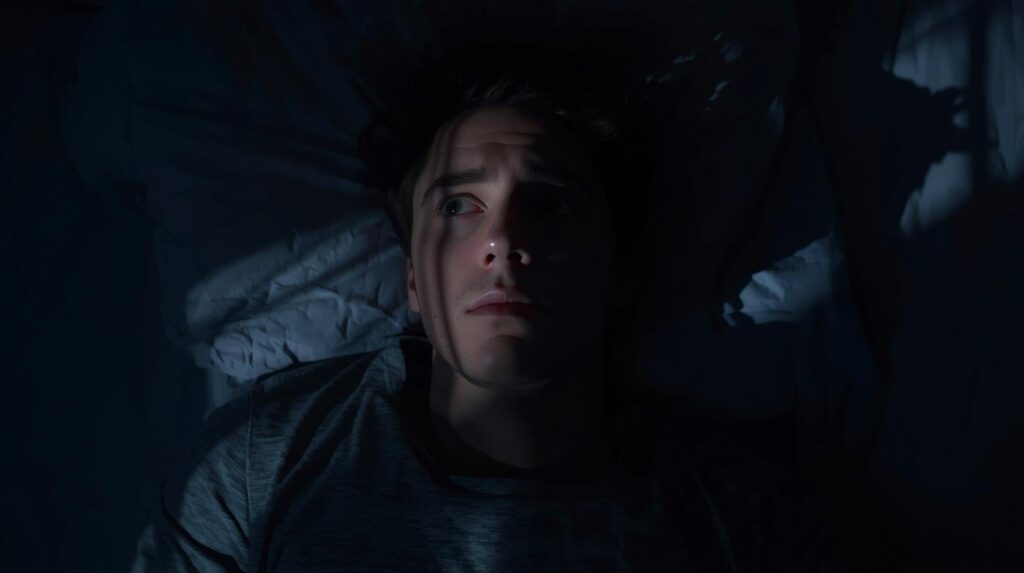 Jeune homme n'arrivant pas à s'endormir à causes de troubles du sommeil.