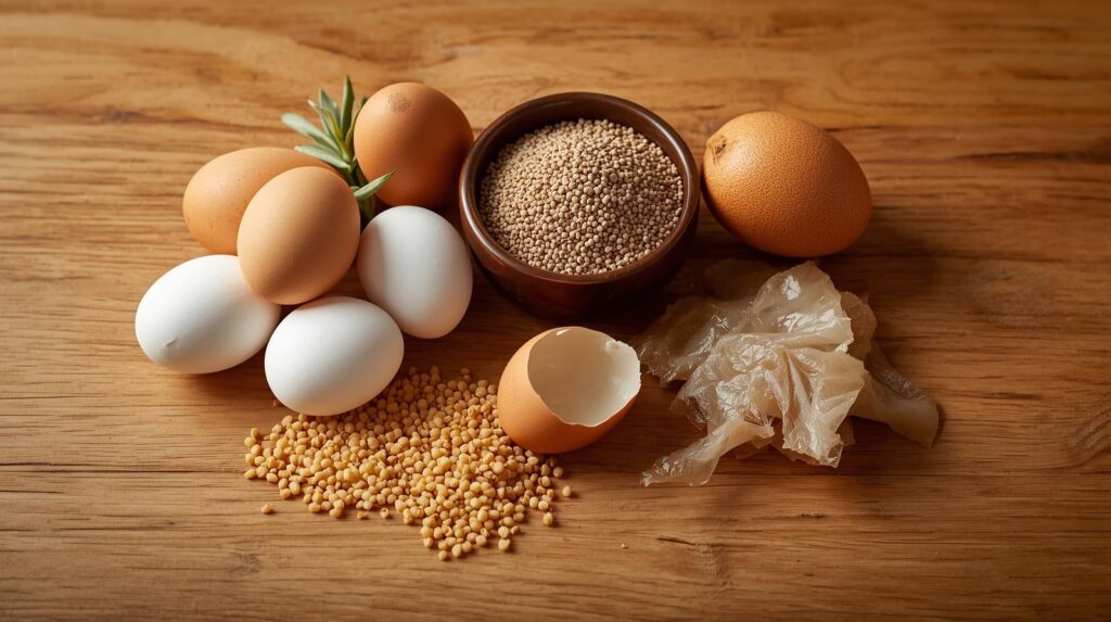 Aliments sains pour les neurotransmetteurs : oeufs, poissons, germes de blé.