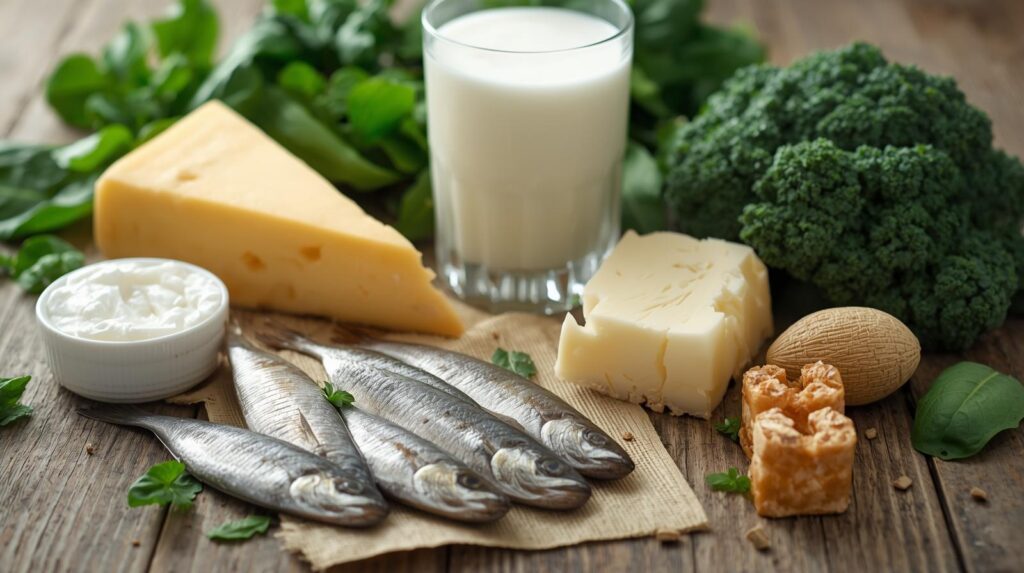 Sources alimentaires riches en calcium, poisson, fromage, lait, produits laitiers, épinards, amandes.