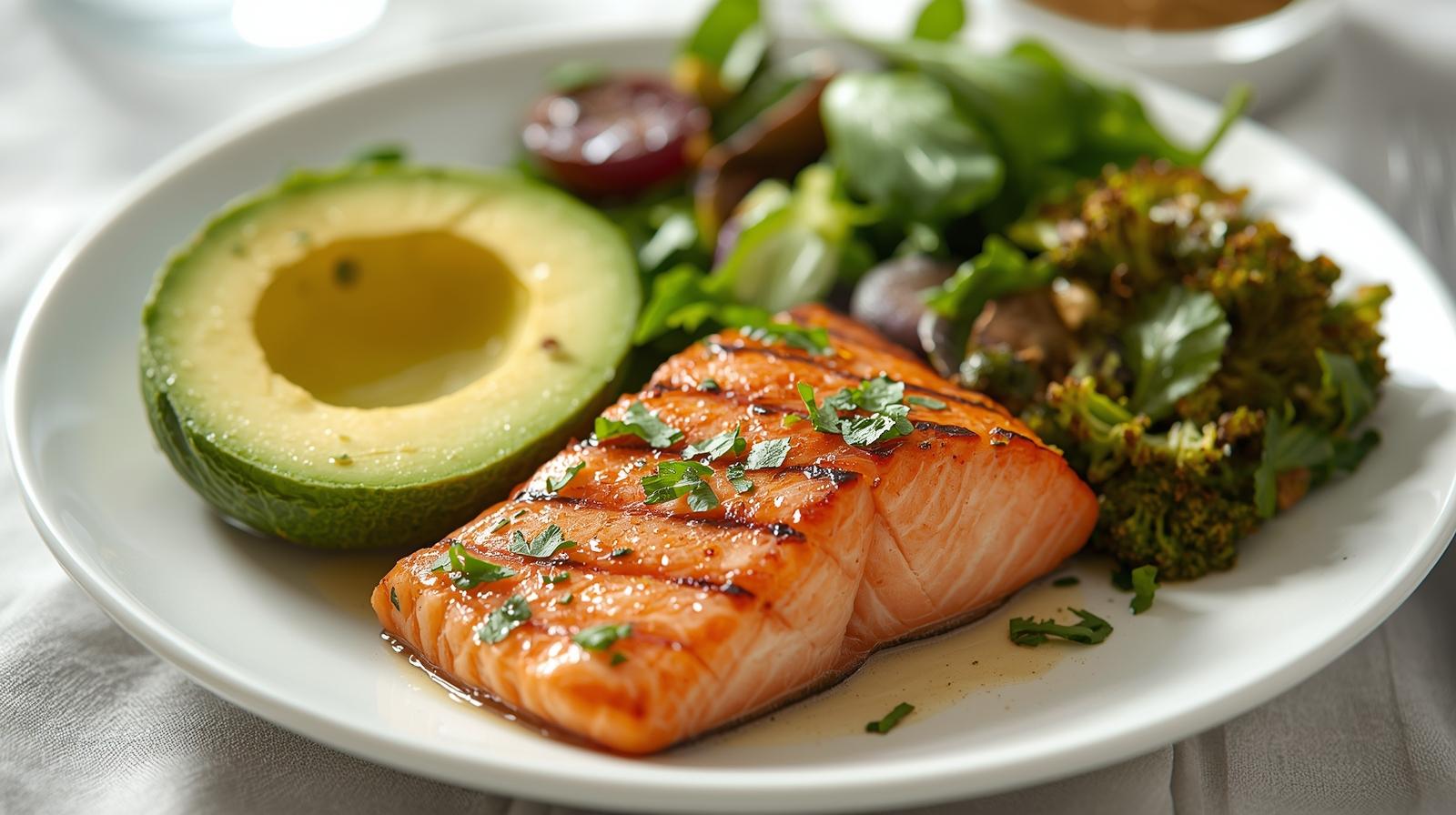 Assiette cétogène typique activant la cétose : avocat, saumon, huile d’olive, légumes verts.