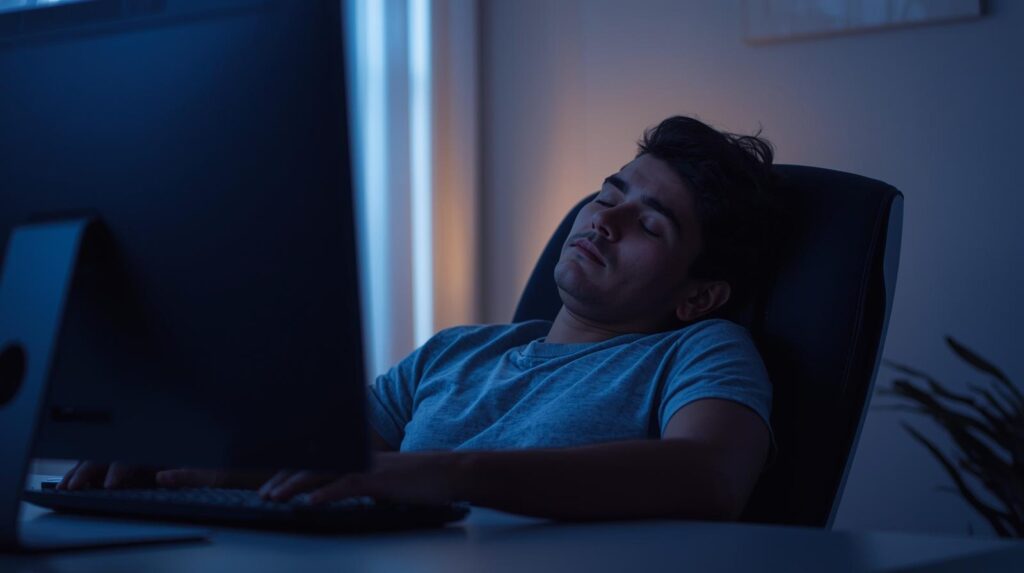 Personne somnolant derrière son ordinateur sur son lieu de travail, souffrant de troubles du sommeil, insomnie.