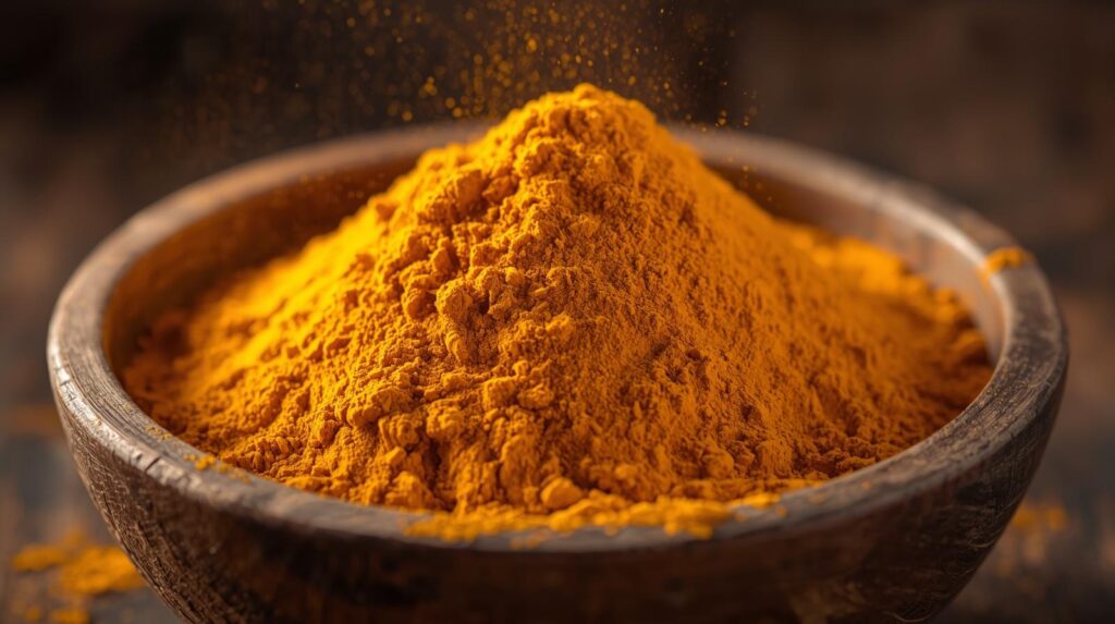 Curcuma en poudra dans un bol, idéal pour la cuisine.