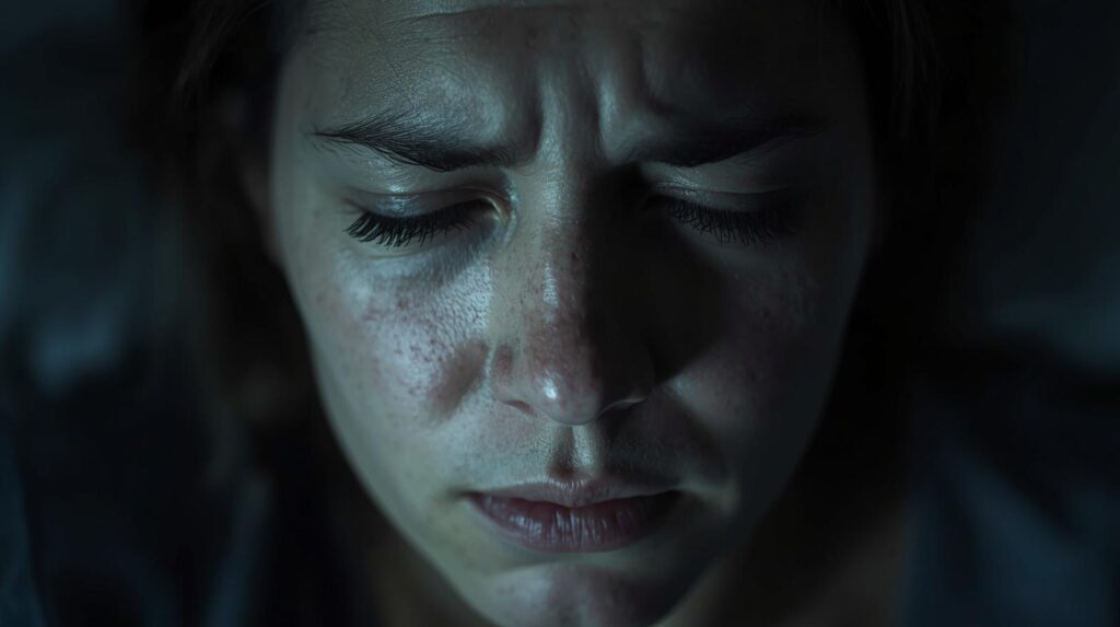 Jeune femme épuisée mentalement et physiquement, souffrant de troubles du sommeil et de fatigue chronique.