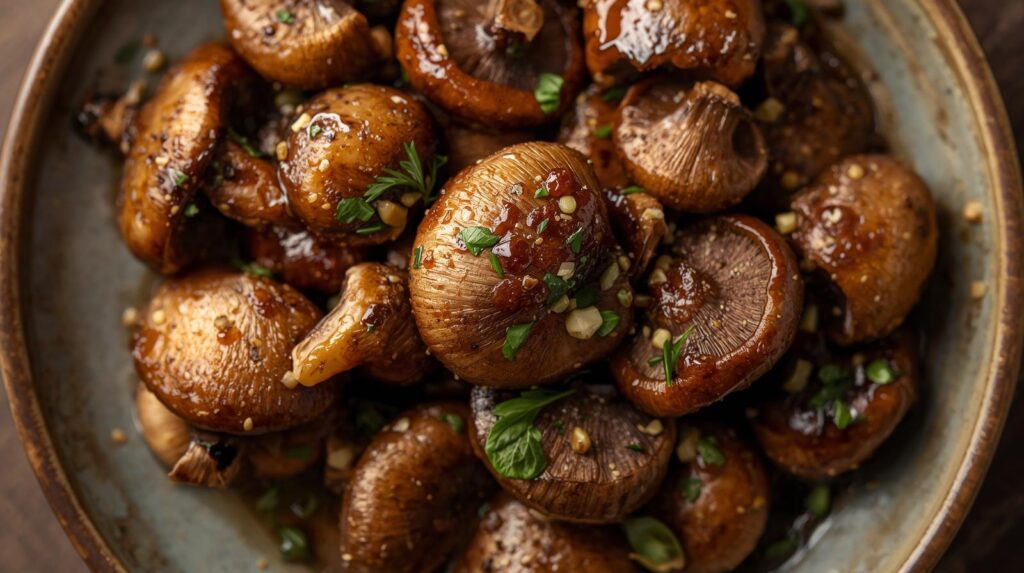 Plat à base de shiitake, champignon médicinal, ail et persil.