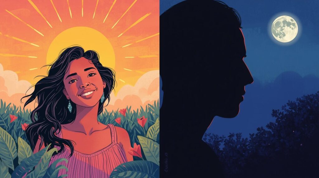 Une jeune femme étant plus active le matin, et un homme étant plus actif le soir, en accord avec leur chronotype respectif.