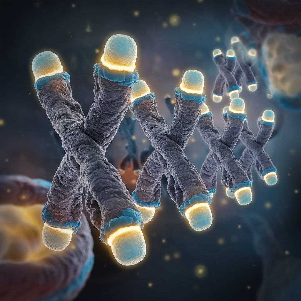 Les télomères, séquences d'ADN répétitives situées aux extrémités des chromosomes.